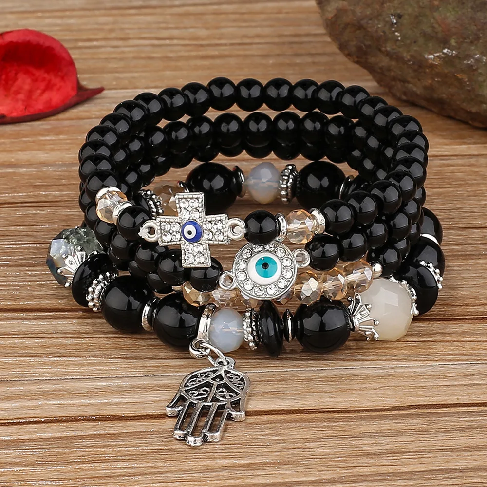 4 Piece/set Bohemian Vintage Multi Layer Cross Eye Palm Charm Crystal Bead Beaded Bracelet For Women
