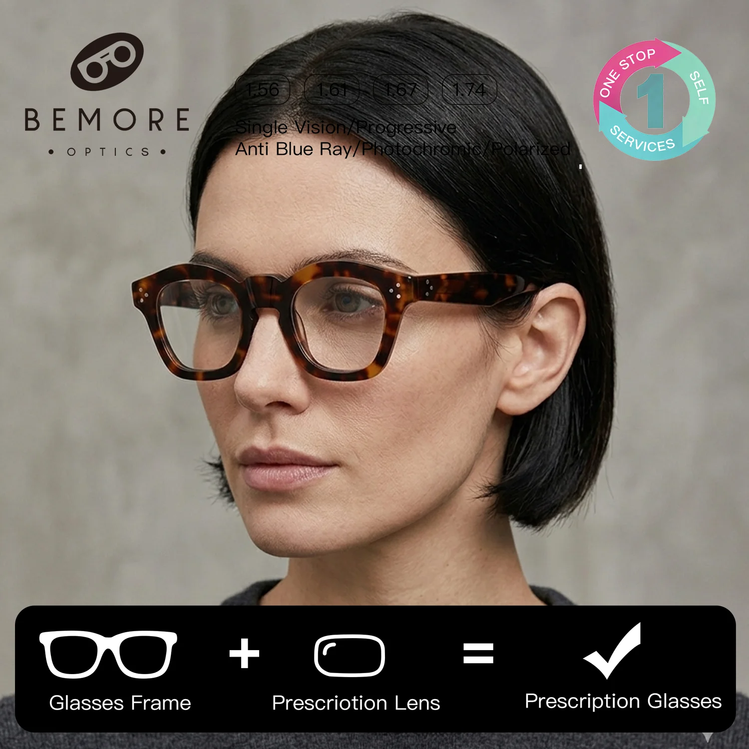 BEMORE Handmade Acetate Square Multifocal Grade Glasses Near and Far Anti-Blue Ray Photochromic Prescription Eyewear