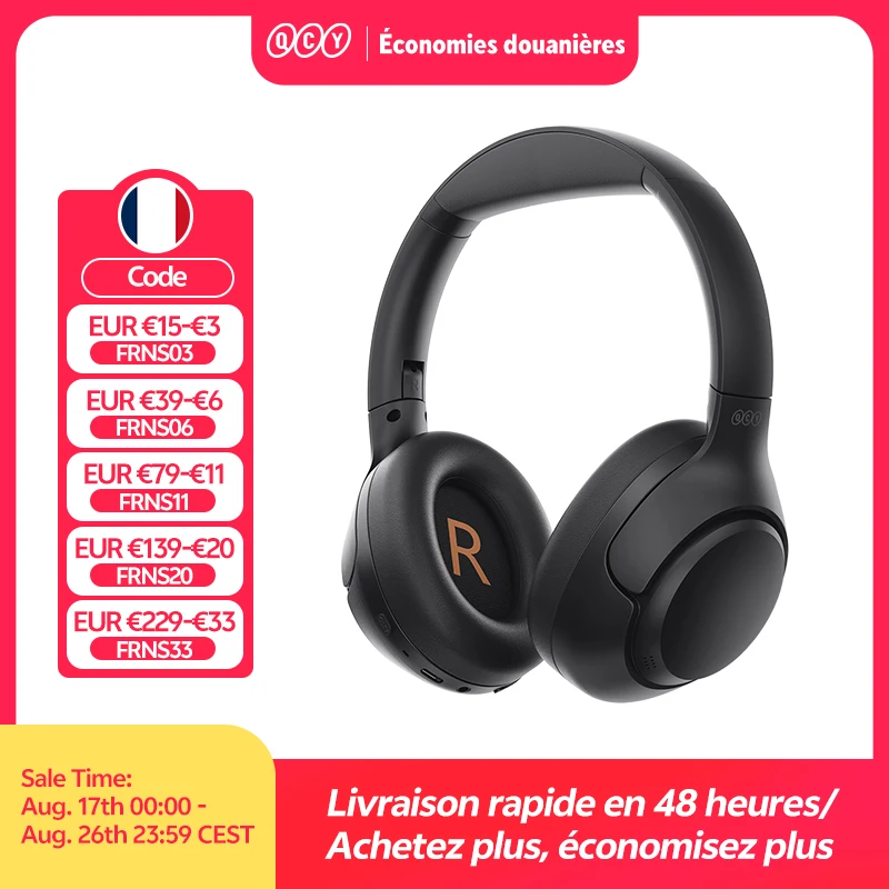 QCY-Casque sans fil H3 ANC, Bluetooth 5.4, audio haute résolution, casque sur l'oreille, hybride 43dB, suppression acti…