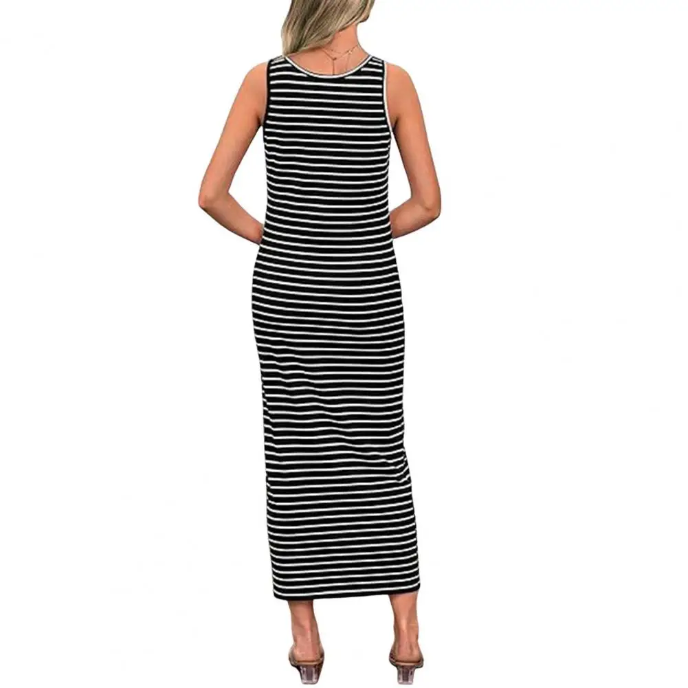 Tank Top Dress Striped Print Sleeveless Midi Tank Dress with U Neck Slim Fit Vest Style Buttons Casual Summer Lady's Dress