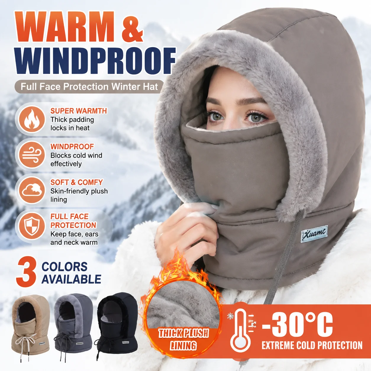 Winter Fashion Thick Padding One Piece All Matching Thickened Warm Hooded Full Face Windproof Hat Outdoor Set