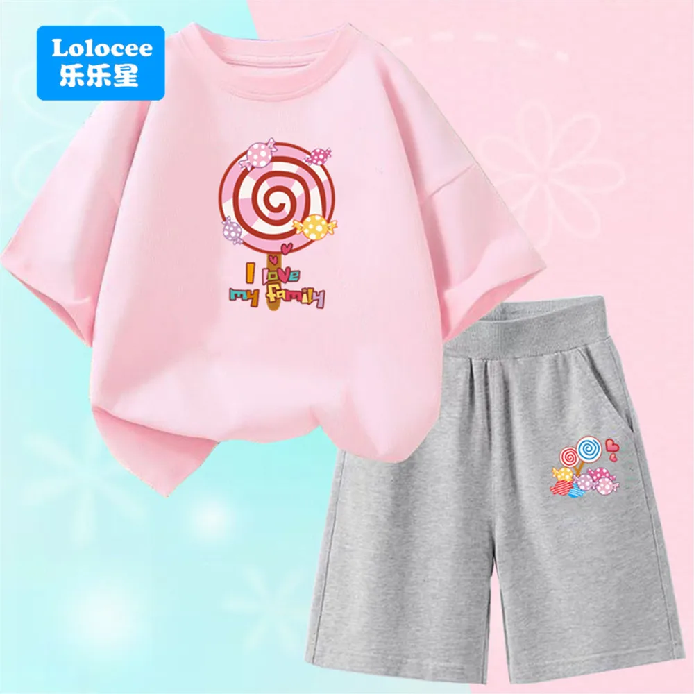 زي مصاصة الحلوى الوردية للأطفال "I Love My Family" من Lolocee، تي شيرت بأكمام قصيرة + شورت مرن، ملابس صيفية للفتيات الجميلات
