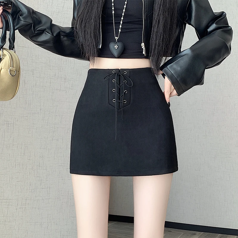 레트로 스파이시 걸 스웨이드 스커트, 끈이 달린 A라인 바디콘 스커트, 안티라이트 워킹 가을 겨울 신상품