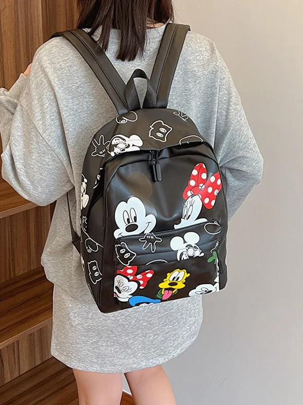 Disney Anime Mickey Women\'s Backpack Classic PU Leather Laptop Bag Children‘s Cartoon Minnie Mouse Large Capacity School Bag