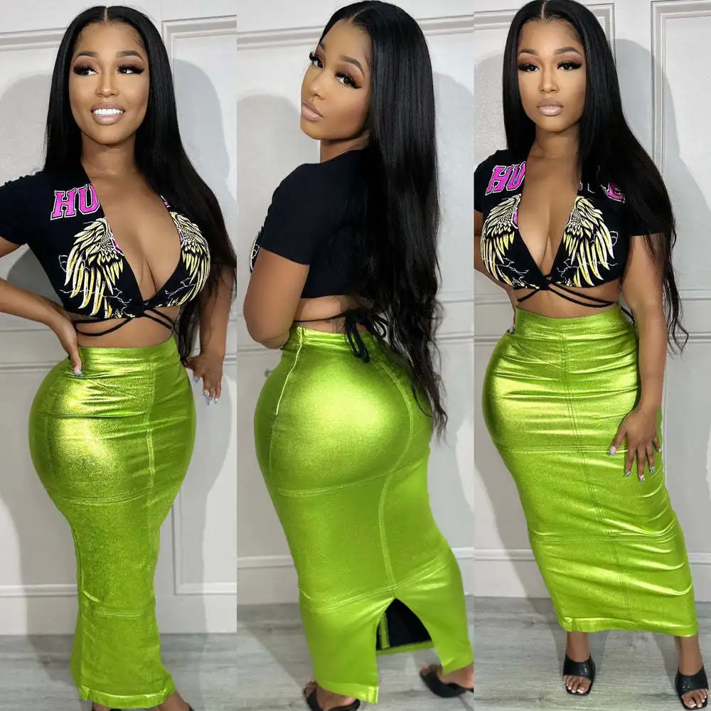 

OL6130 Metallic Green Skirt Y2k Women High Waist Back Slit Maxi Shiny A-line Skirts Zipper Up Summer Streetwear Party Clubwear