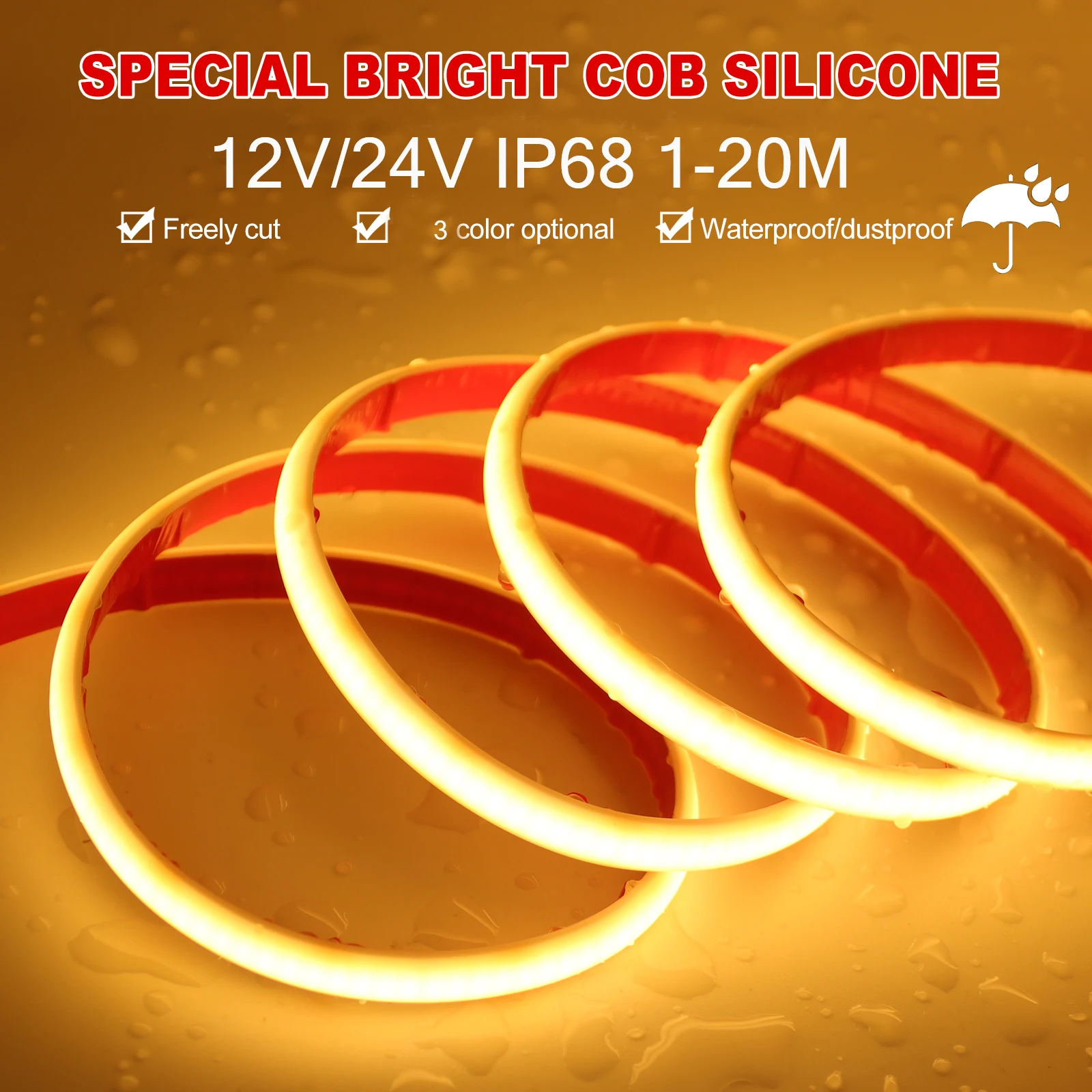 

12V 24V IP68 COB LED Strip Waterproof Neon Light 320Leds/m Flexible Ribbon RA90 3000K 4000K 6000K Outdoor Garden Home Lighting