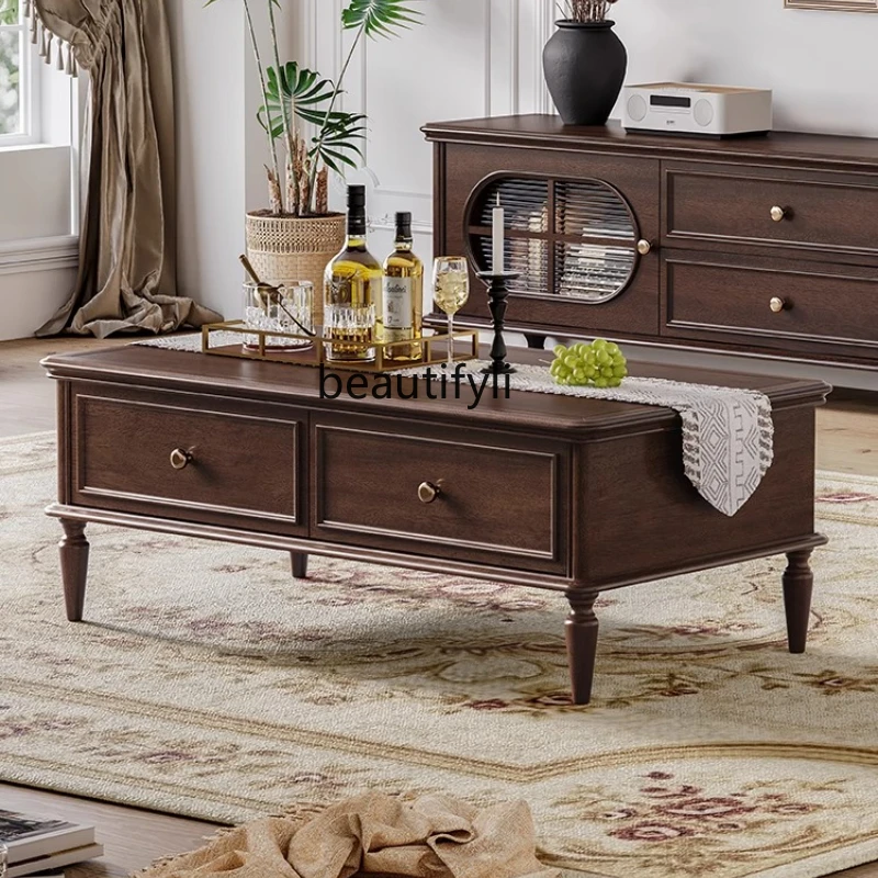 

Coffee table American retro country home living room rectangular walnut solid wood four pumping long coffee table