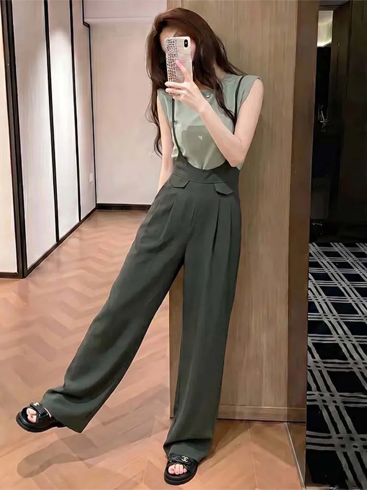 

Summer New Gentle Mature Two-Piece Set Women's Sleeveless Knitted Top Wide Leg Overalls Ensemble Breathable Casual Fashion