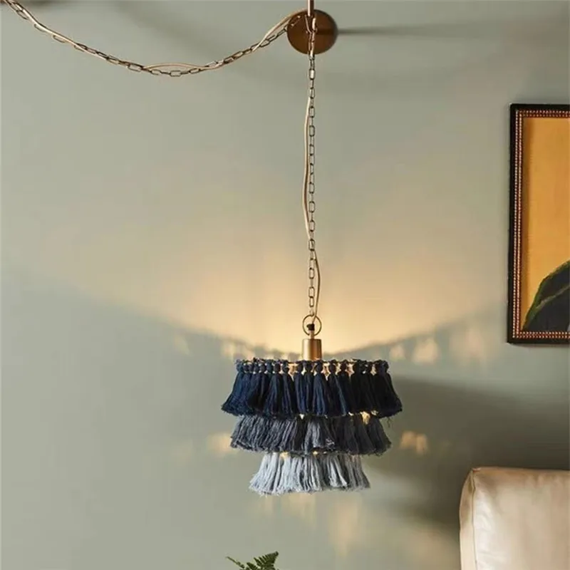 

Люстра с кисточками Fela, люстра в стиле бохо, многоуровневый подвесной светильник из пеньковой веревки E27/светодиодное винтажное освещение фермерского дома с кофейным переплетением