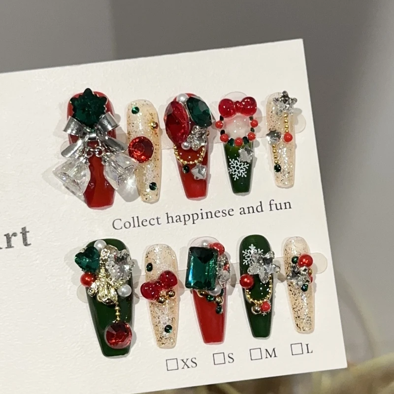 Medium Coffin Christmas Press On Nails Red Green Glitter Base 3D Bell Bow Rhinestone Snowflake Handmade Fake Nails For Women