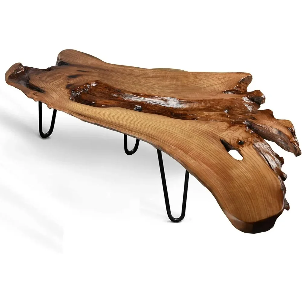 Mesa de centro, mesa de centro natural para sala de estar con acabado en laca transparente y patas de horquilla de metal, mesa auxiliar de escritorio única