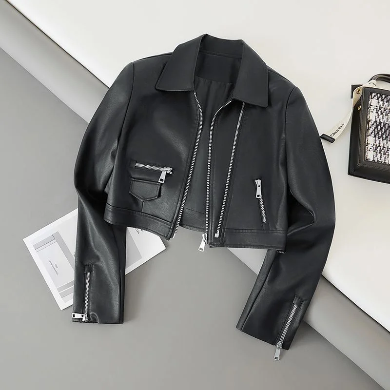 2026 Spring Autumn New Fashion Short Leather Jacket Women Motorcycle Coat Black PU Leather Zipper Lining Outerwear Tops
