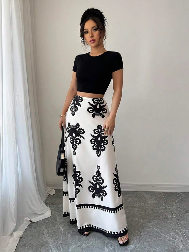 

Primavera, verano, otoño e invierno, Navidad elegante vestido largo estampado en blanco y negro para mujeres,