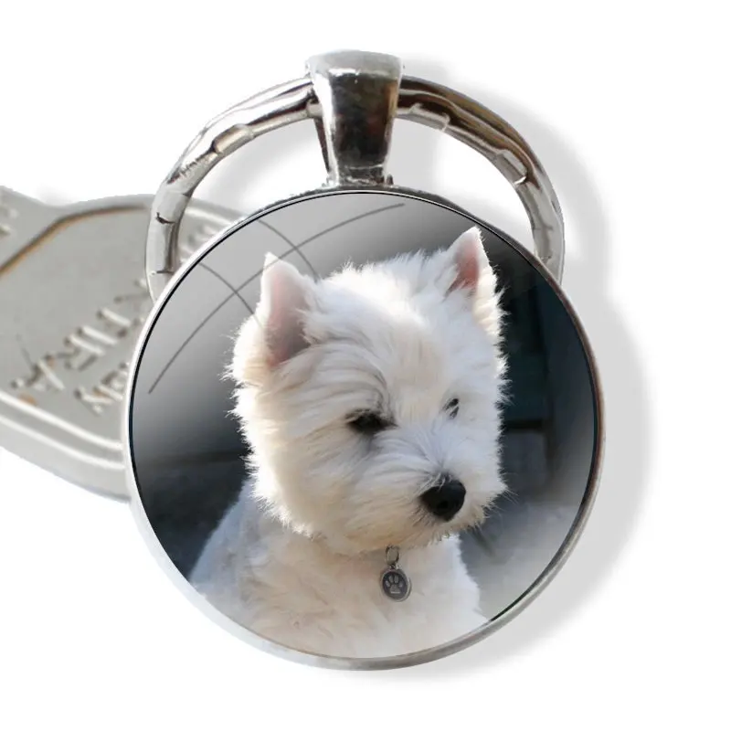 Cute Lover Fashion Keychain Handmade Glass Cabochon Key Ring Holder Pendant Key Chains Westie Terrier Dog Puppy Highland Terrier