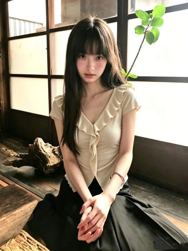 Slimming Effect V-Neck Ruffle Short Sleeve Women's Summer Asymmetrical Hemline Cover Belly plus Size Korean Style Shirt