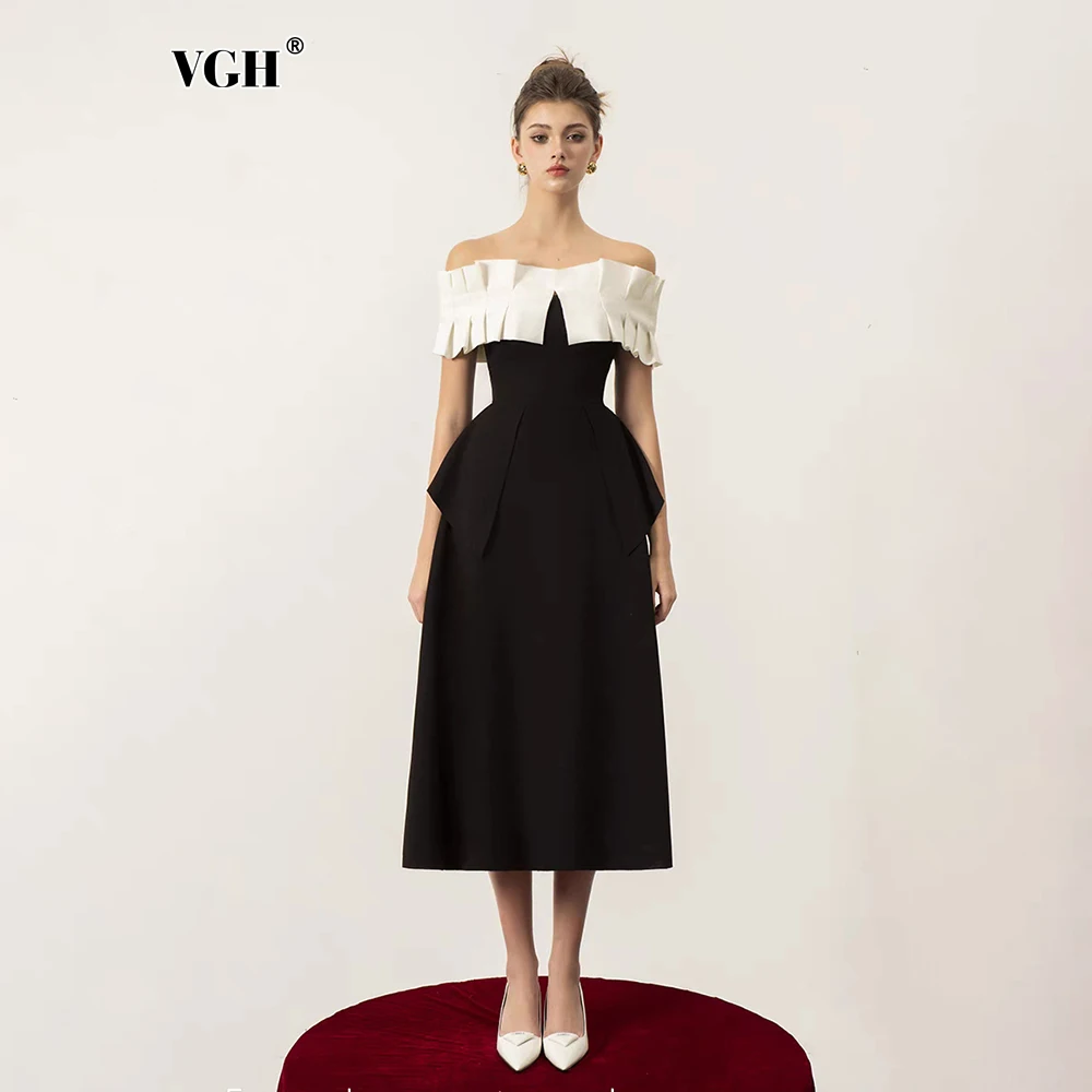 

VGH Chic Hit Color Backless Off The Shoulder Elegant Dresses For Women Slash Neck High Waist Temperament Long Dress Female New