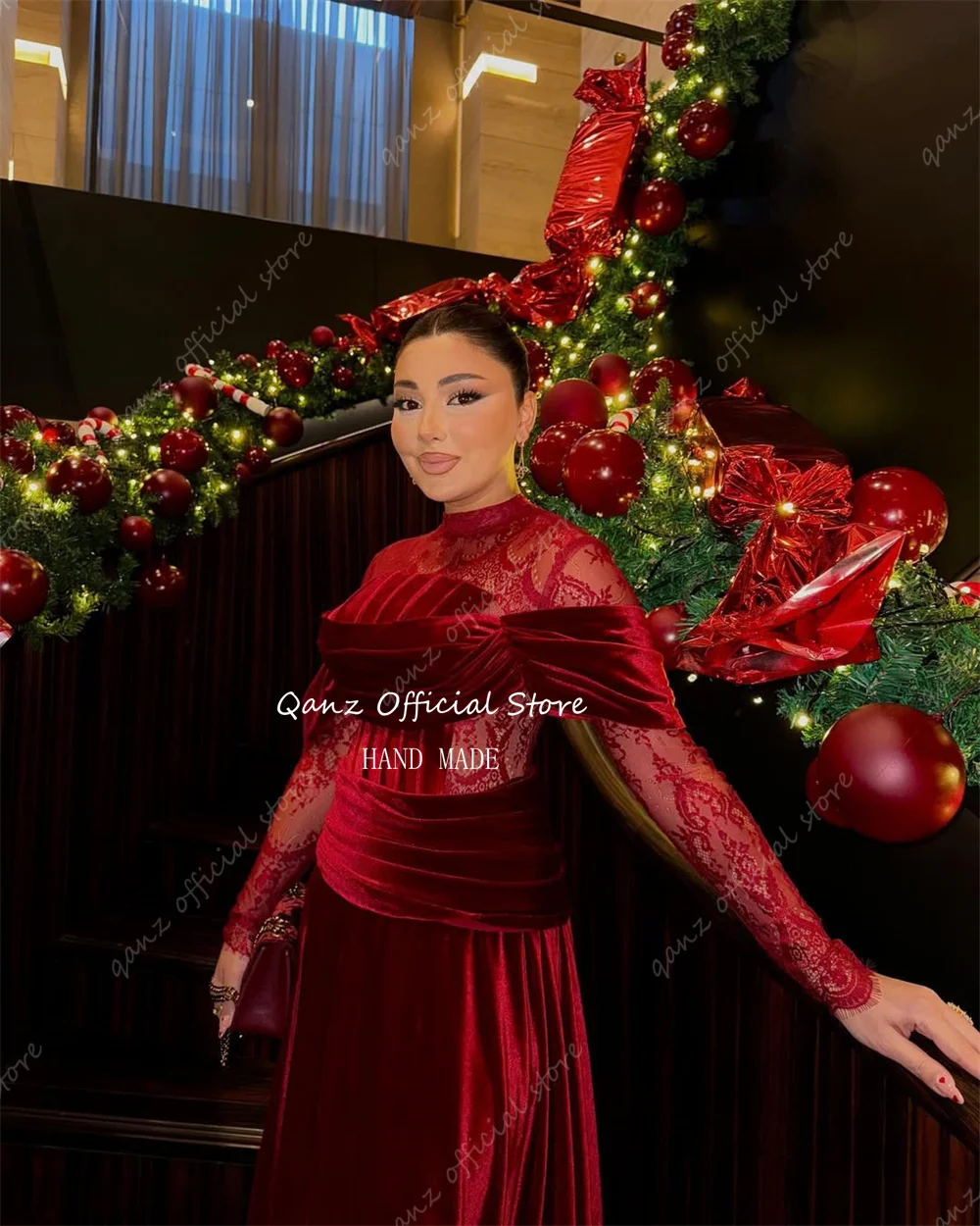 Qanz-Robe de Soirée en Velours Rouge, Manches sulf, Dentelle, Classique, Élégante, Personnalisée, ixde Noël