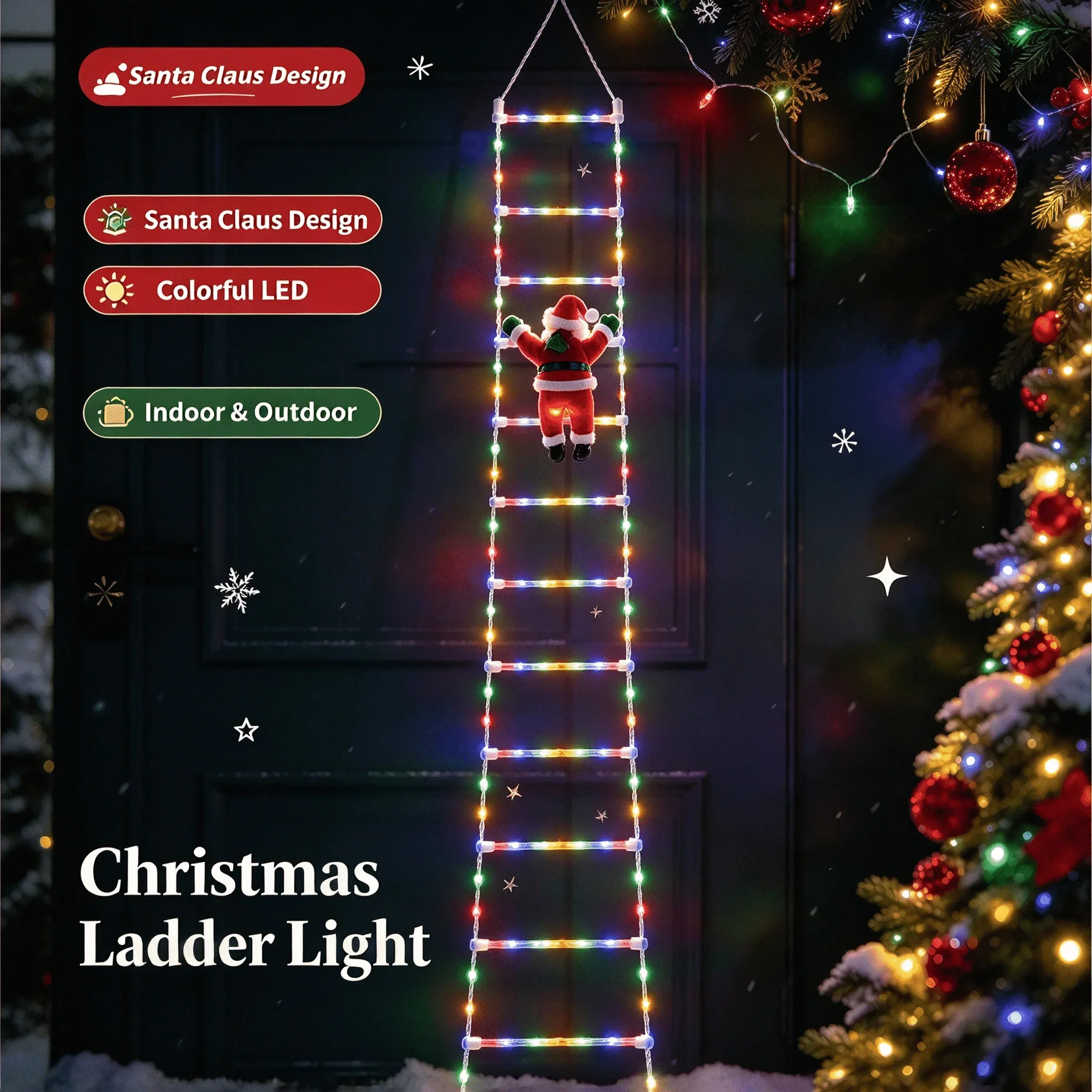3M Santa Claus Ladder LED String Lights Hanging Christmas Festive for Window Patio Indoor Outdoor Holiday Party Decor Garden