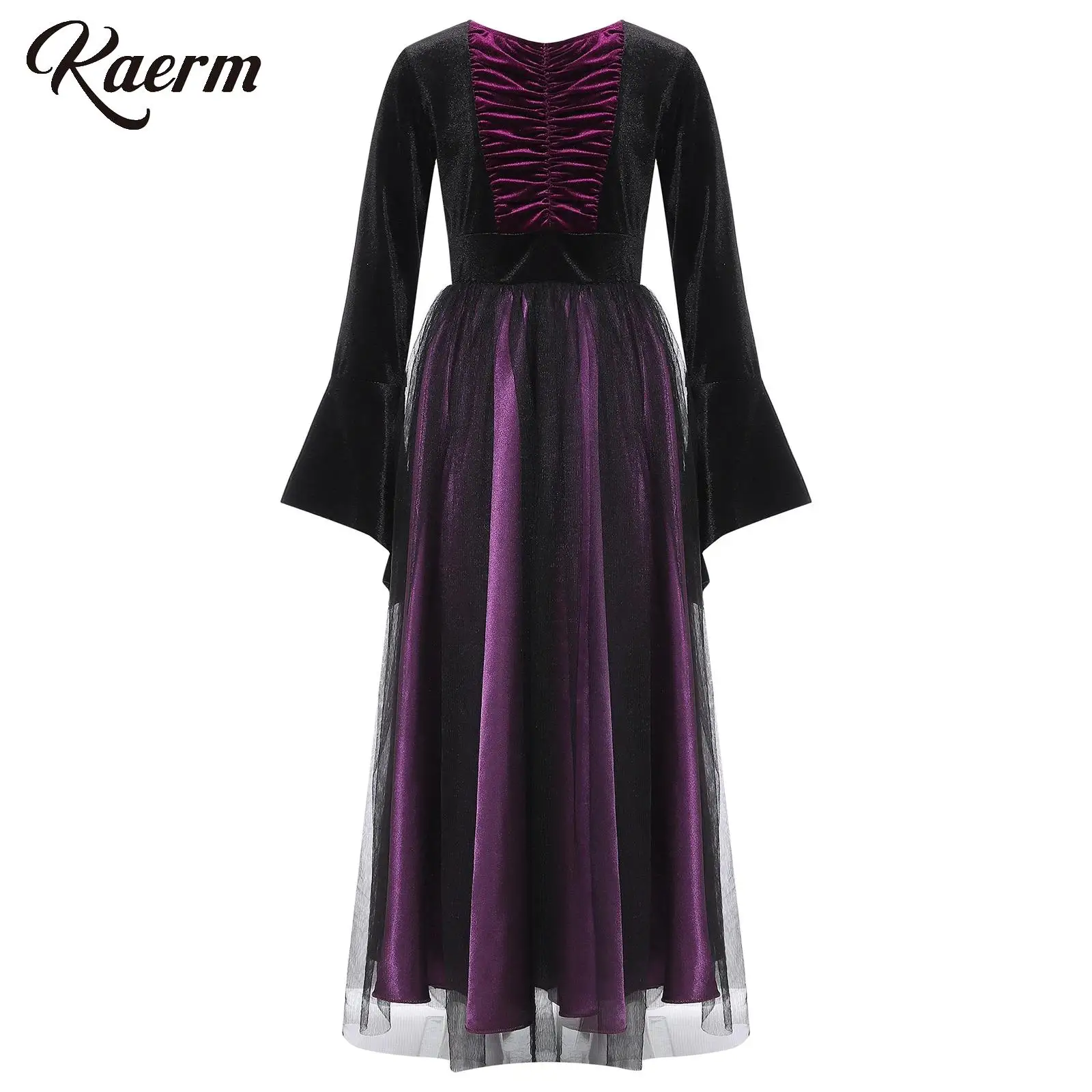 

Kids Girls Halloween Witch Cosplay Costume Dress Long Sleeve Ruffled Mesh Dress Halloween Carnival Role Play Dress-up Costume