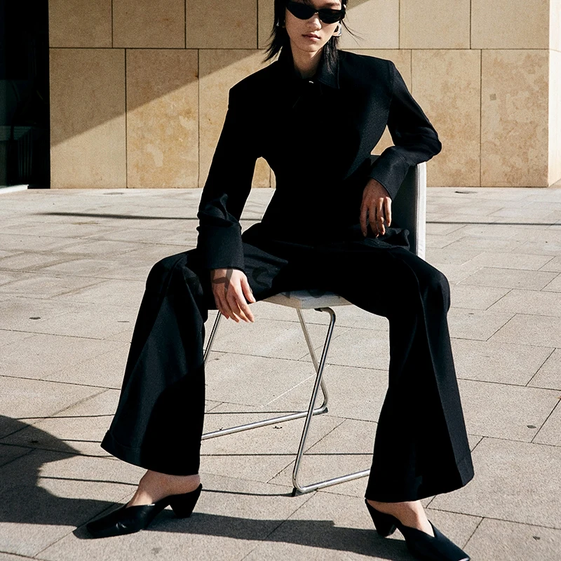 

Spring Long Sve irt with oulder Pads Waist Cinching Collar Stand up Flared Pants Thermal Line Women's Faion Set