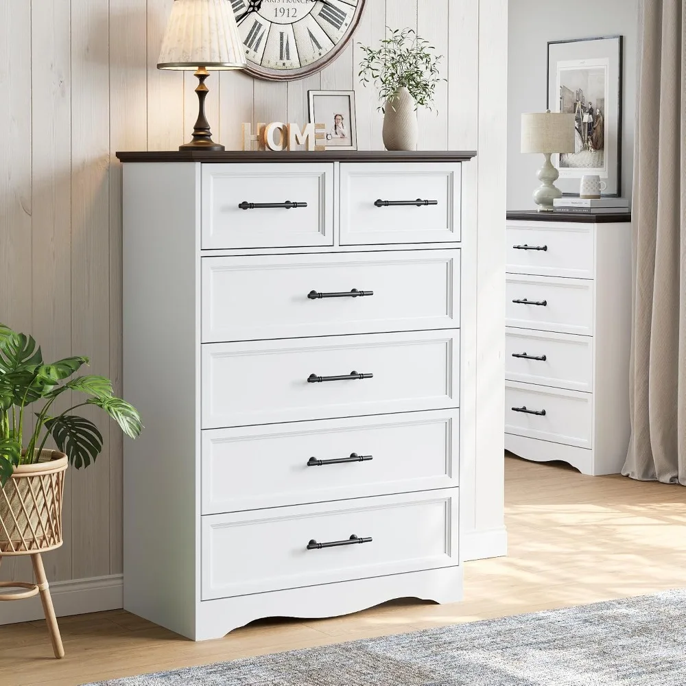 White 6 Drawers Dresser for Bedroom, 44 Inch Tall Chest of Drawers