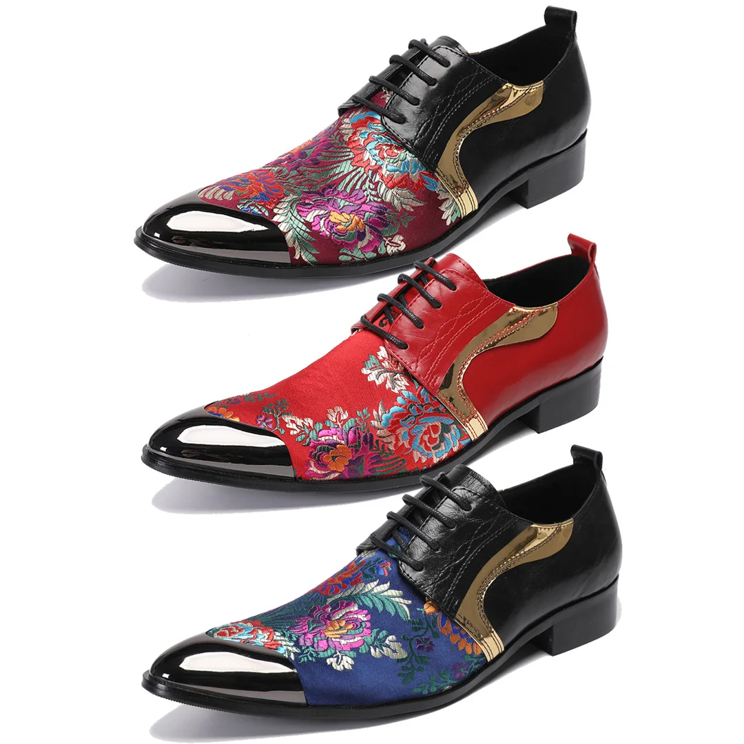 

Classic new lace up shallow mouth men's shoes Spring and Autumn mid heel printed leather fashion business party wedding shoes