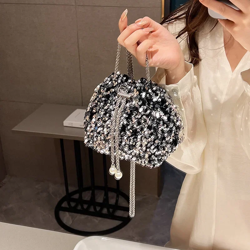 Fashion Personalized Sequin Crossbody Bag for Women's New Bucket Stylish Shoulder Bag Trendy Luxury Brand Crossbody Bag