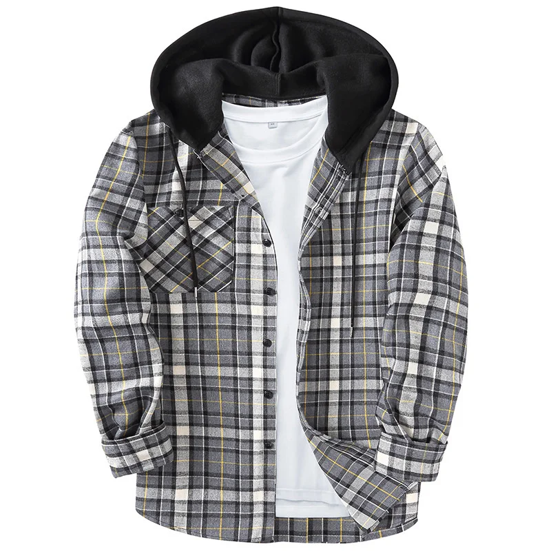 

Autumn Winter Men's Long Sleeved Plaid Shirt Youth Casual Loose Fitting Hooded Cardigan Shirts Coat