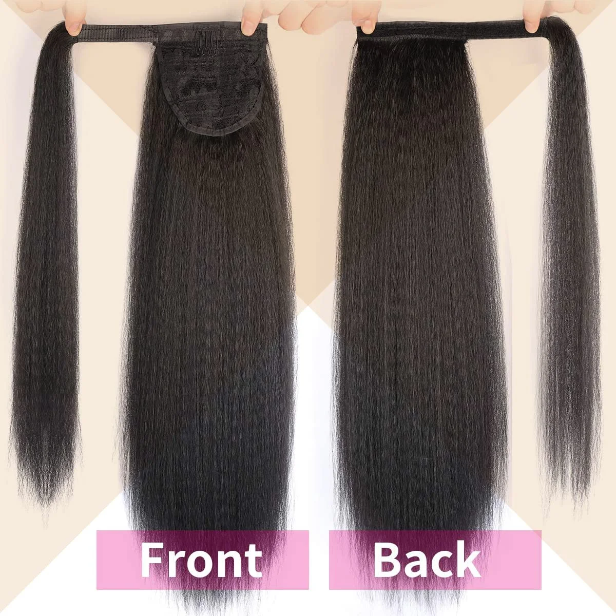 Synthetic Long Kinky Straight Ponytail Extension for Black Women Yaki Wrap Arpund Hair 24 Inch Clip in Magic Paste Black Tail