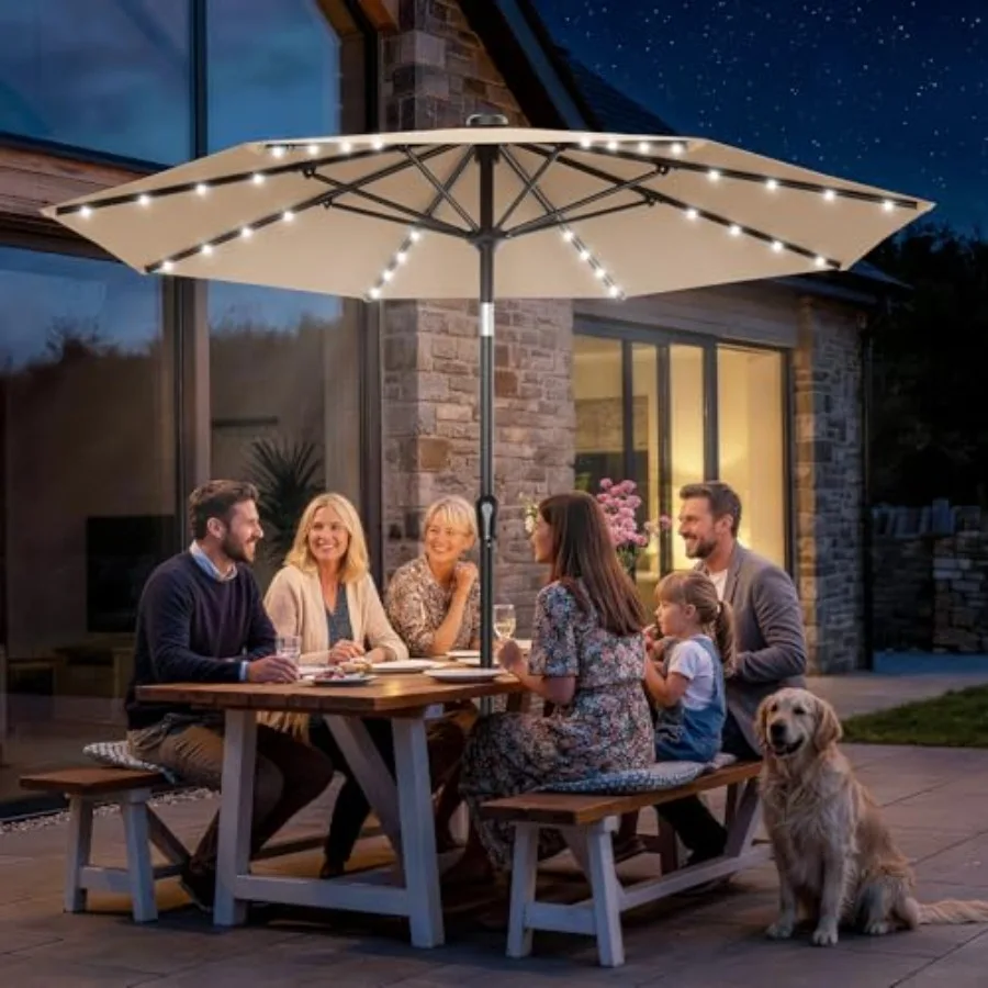 Patio Umbrella with Solar Lights, 32 Lighted Pool Umbrella w/Tilt and Crank, Outdoor Market Solar Umbrellas for Garden, Deck, B
