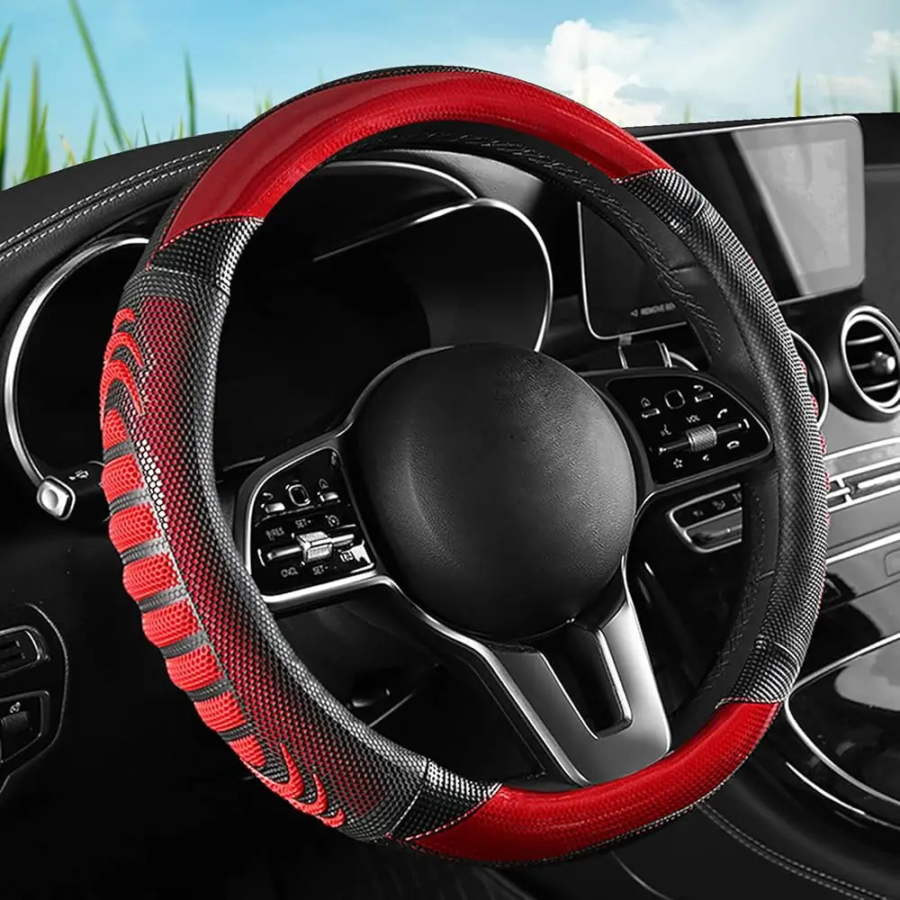 

Leather Splicing Black Blue Car Steering Wheel Cover,14.5-15 Inch Universal Microfiber Leather Covers Breathable Anti-Slip Od