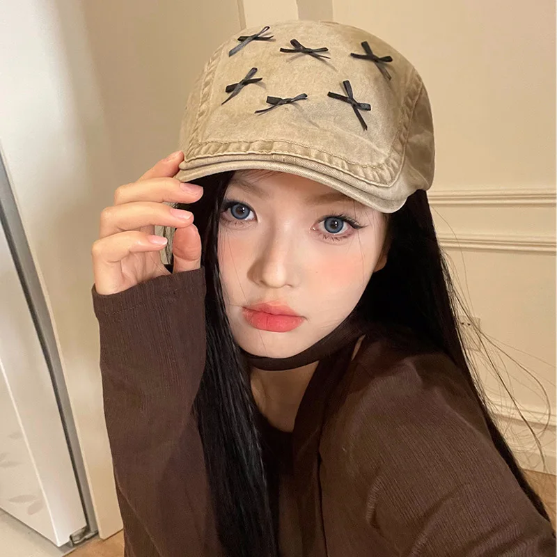 Fashion Bow Y2K Berets for Women Girls Cotton Bowknot Forward Hat Korean Versatile Casual Retro Bows Newsboy Beret Cap Headwear