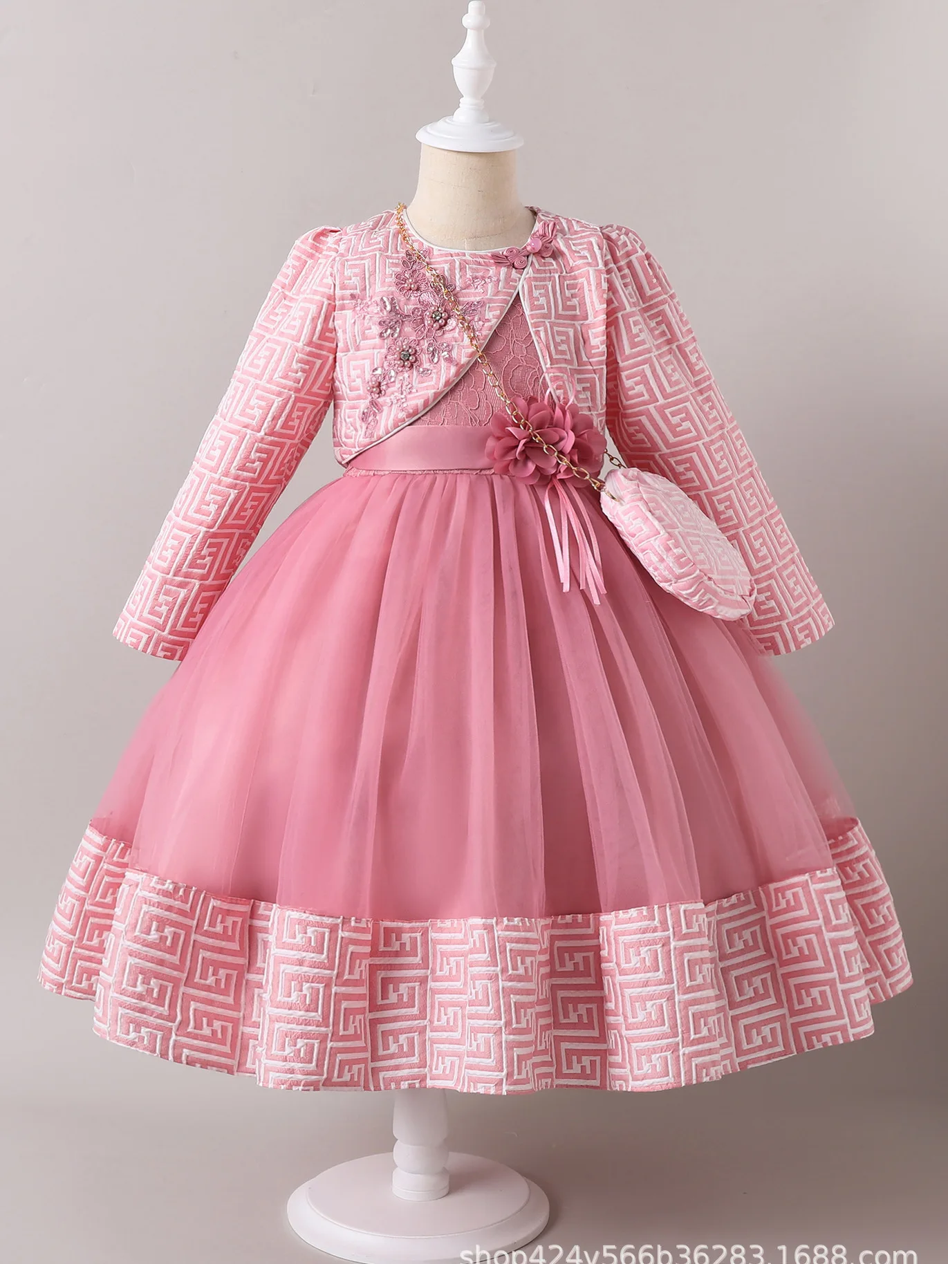 

Girls' Formal Dresses with Bag Long Sleeve Girl Festive Dress 3 PCS Set Children' Birthday Clothes 4 to 10 Years