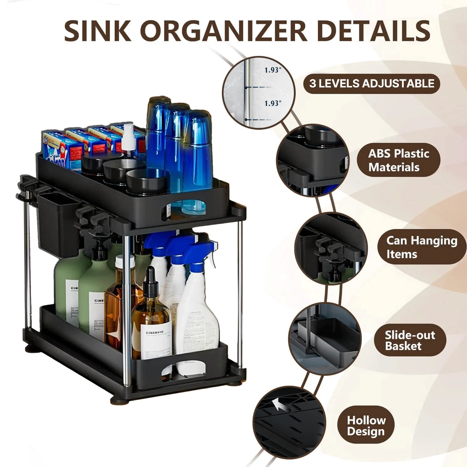 2 Pack Under Sink Organizers and Storage, 2 Tier Height Adjustable Countertop Organizer for Kitchen Bathroom Laundry