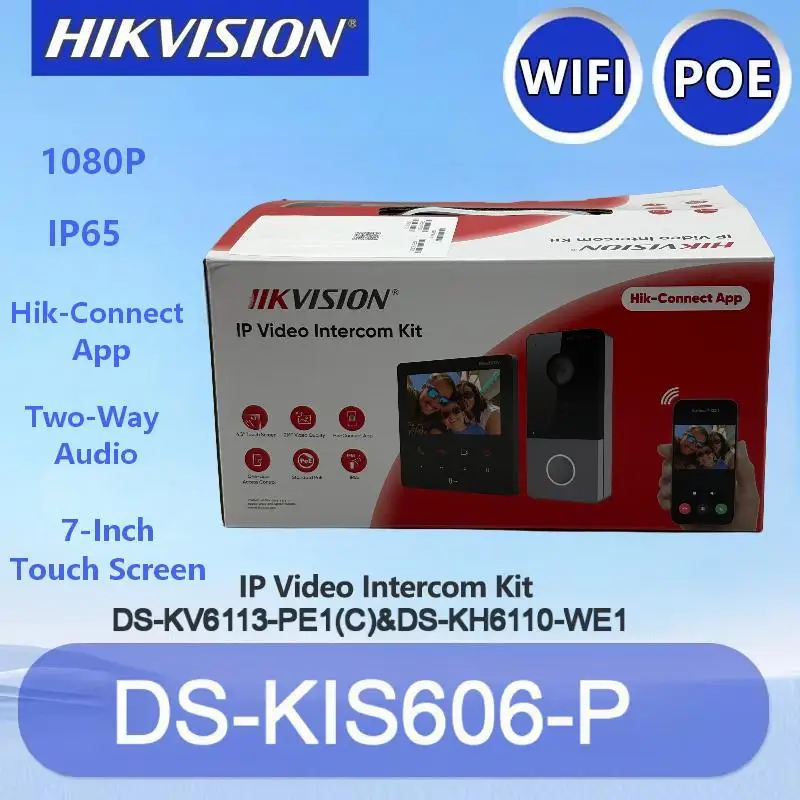 

Видеодомофон Hikvision DS-KIS606-P с 7-дюймовым цветным монитором, двусторонней аудиосвязью, функцией разблокировки, входом для сигнализации, для безопасности вилл и домов