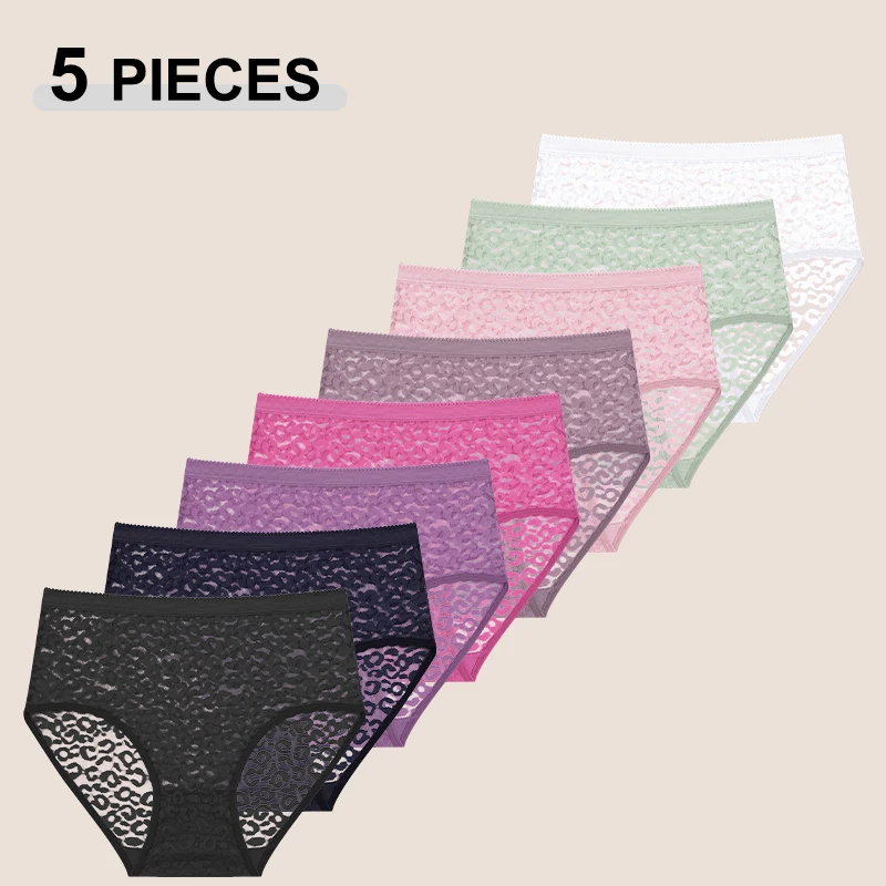5PCS frauen Nahtlose Spitze Hohe Taille Höschen Einfarbig Perspektive Druck Unterwäsche Sexy Atmungsaktive Dessous Dessous S-XXL