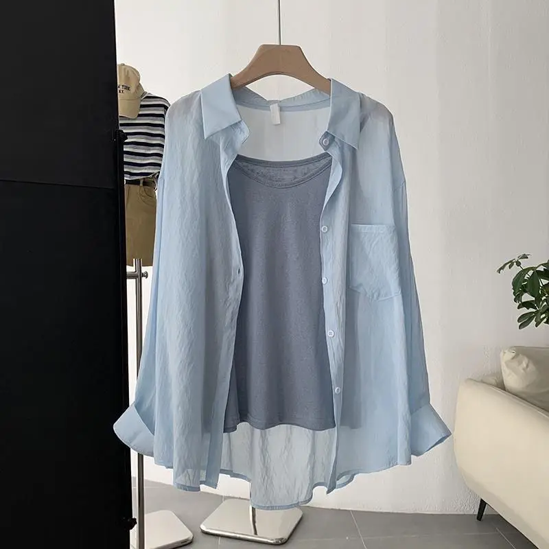 Fashionable Summer Women's Sun Protection Ice Silk Chiffon Shirt Versatile Stylish High-End Feel Loose Fit Long Sleeve Button up