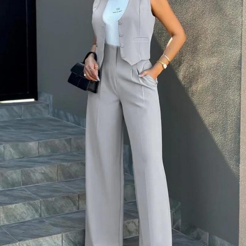 

Women Two Piece Suit Wide Leg Pants Single Breasted Vets Sleeveless High Waist Elegant Trousers Sets Pockets Solid Outwear