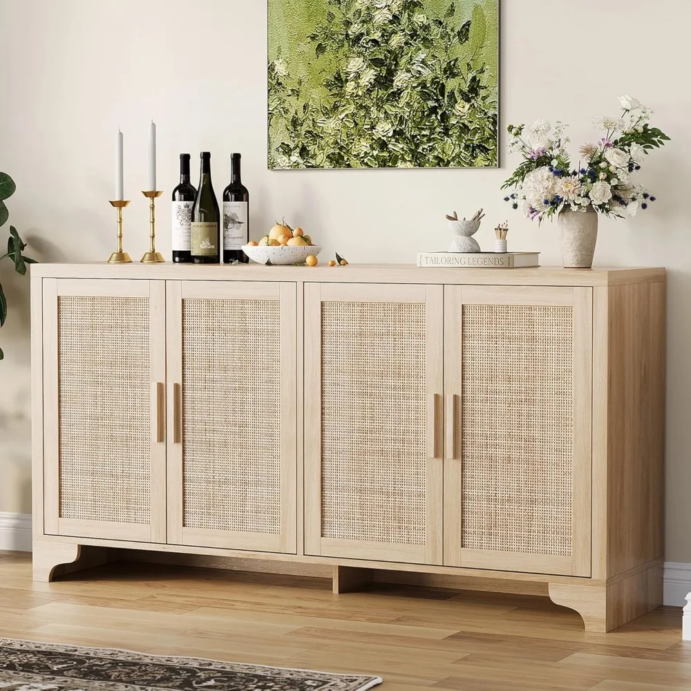 

4-Door Sideboard Buffet Cabinet, Natural Rattan Storage Cabinet, Boho Entryway Console Table, Coffee Bar Station