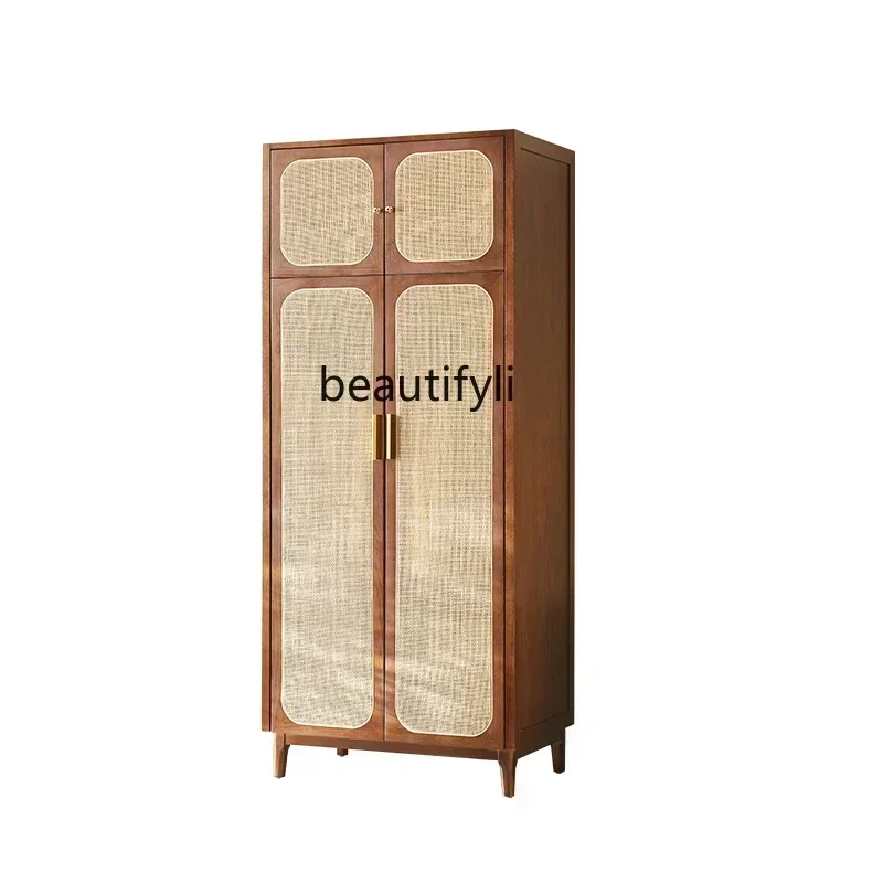 

LD33New Chinese Style Solid Wood Wardrobe Rattan Two-Door Wardrobe Nordic Retro Ash Storage Locker