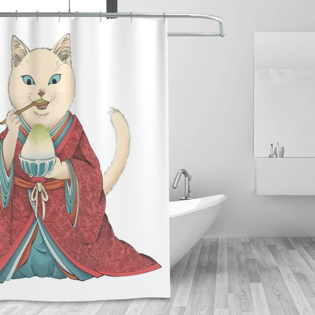 Japanese Style Cat Eating Shaved Ice Shower Curtain Bathroom Polyester Waterproof Bath Curtains with Hooks