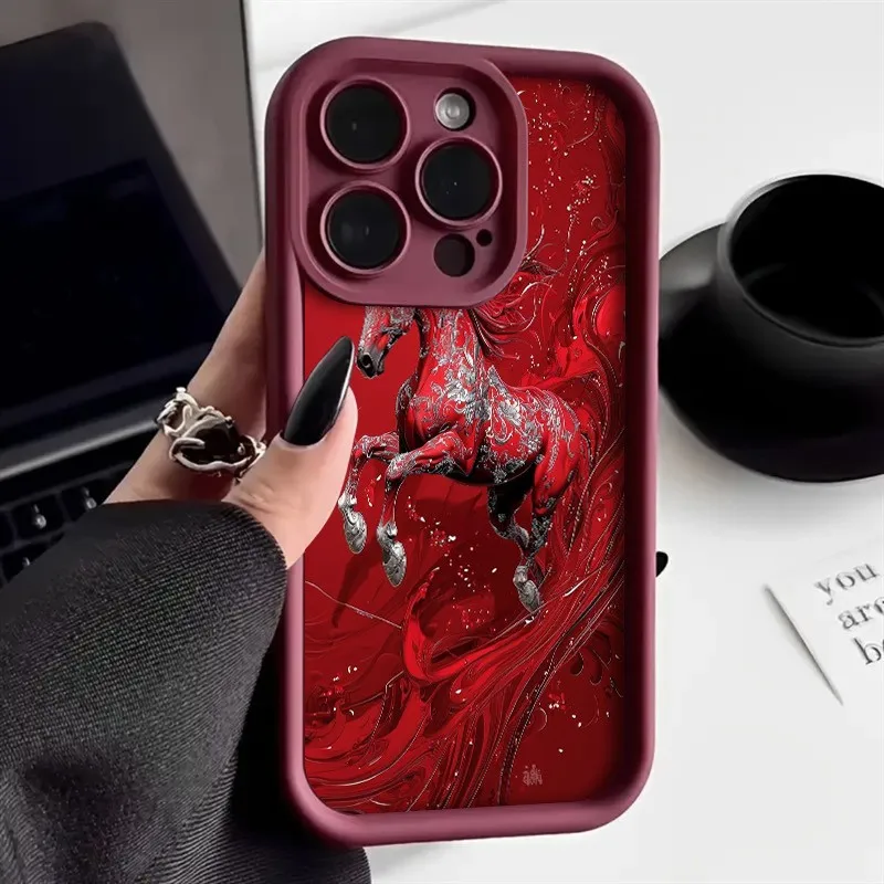 

Phone Case Chinese-Style Red Horse For Samsung Galaxy S25 S24 S23 S22 S21 Ultra Plus FE Cover For A16 A26 A36 A56 A55 A54 Funda