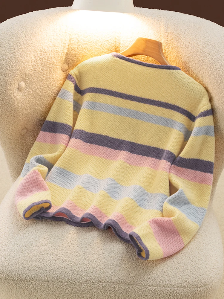 2024 Fashion 100% Merino Wool Women O-neck Sweater  Striped Cardigan Office Lady Cashmere Knitwear Spring Autumn Clothes Top