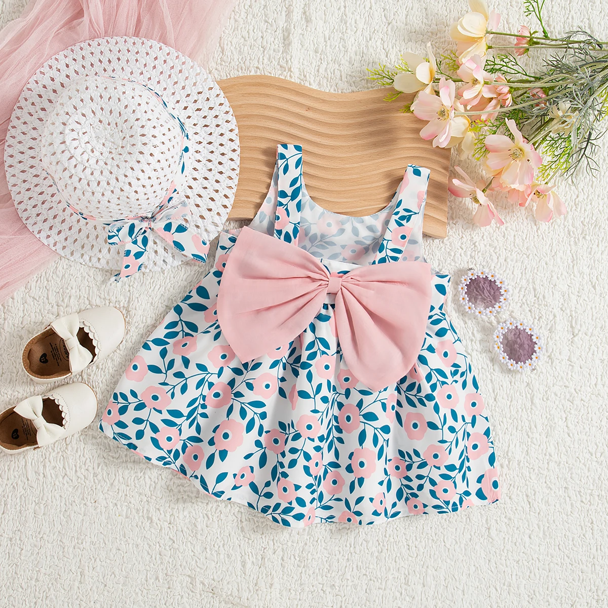 

Summer New Beach Party Baby Girl Dress, Sweet Bow Children'S Sleeveless Clothes With Free Hat (9 Months -3 Years Old)