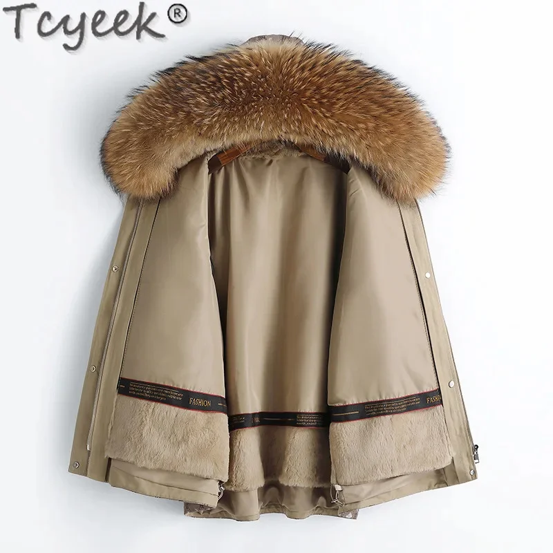 Abrigo de forro de conejo Tcyeek Rex de longitud media para mujer, Parka elegante, chaqueta de invierno, abrigos cálidos con Cuello de piel de zorro, ropa para mujer