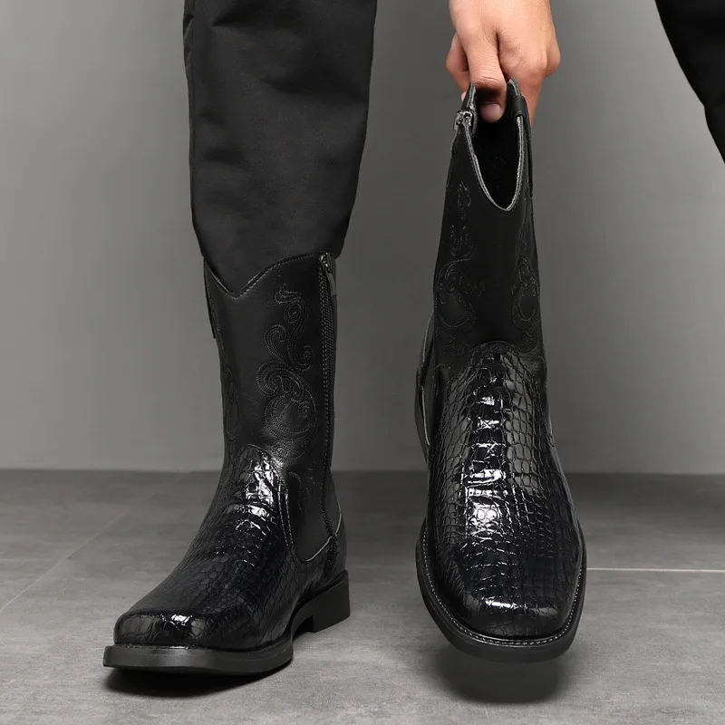 Men's Wide Width Tall Cowboy Boots Fall 2025 PU Leather High Shaft Western Embroidered Workwear Vintage Riding Boots for Outdoor view 3