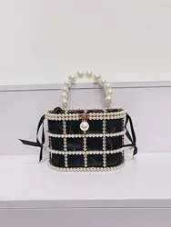 Luxury Pearl Beaded Handbag Hollow Out Glitter Rhinestones Diamond Evening Bag Wedding Party Clutch Purse Women Crossbody Bag