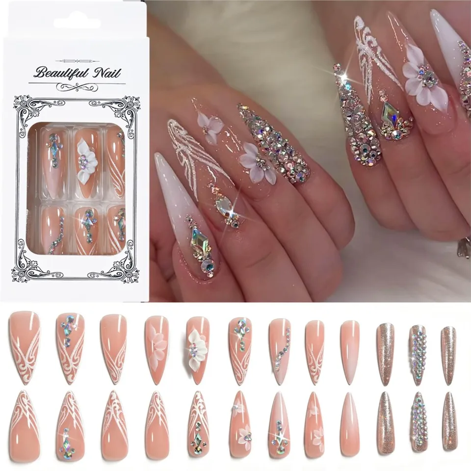 24 piezas de uñas postizas de stiletto largo brillante con diamantes, degradado blanco nude francés, cubierta completa, puntas con pedrería 3