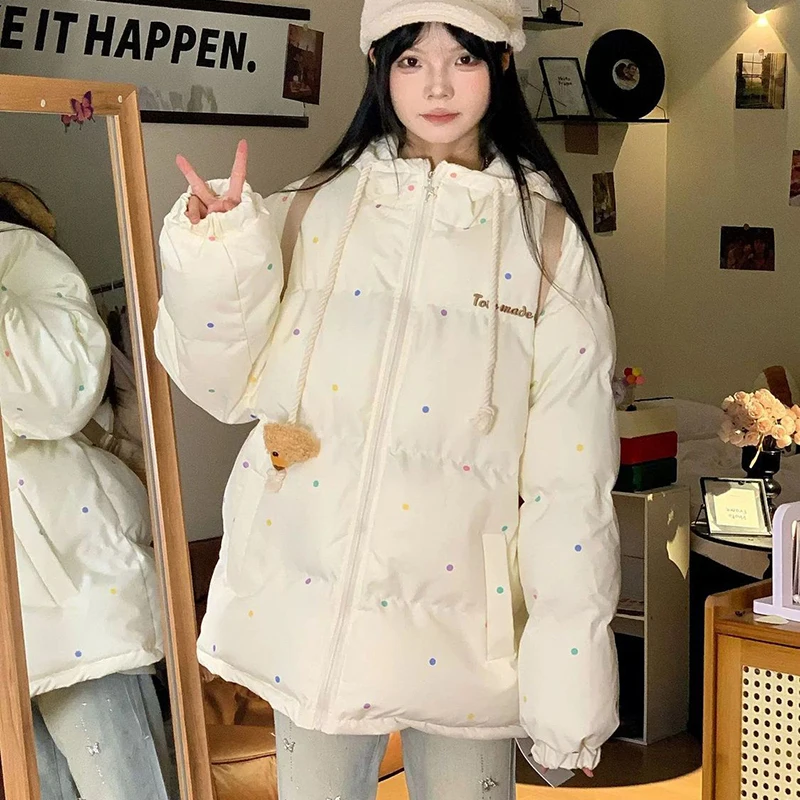 Cute Polka Dot Women Padded Jacket Korean Hooded Zip Up Puffer Coat Sweet Cute Bear Charm Loose Winter Outerwear Top