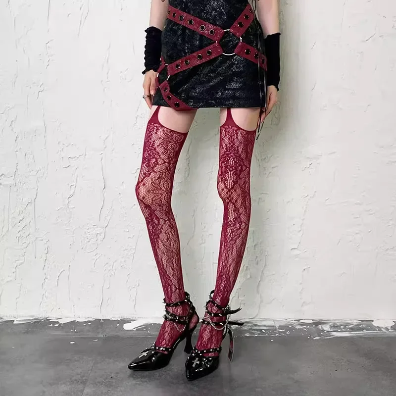 Lolita Süße Mädchen Punk-Stil Blumenstrumpfhose Bunte Oberschenkelhohe Strümpfe Transparente Netzstrumpfhose Strumpfgürtel Strumpfhosen – Detail 7